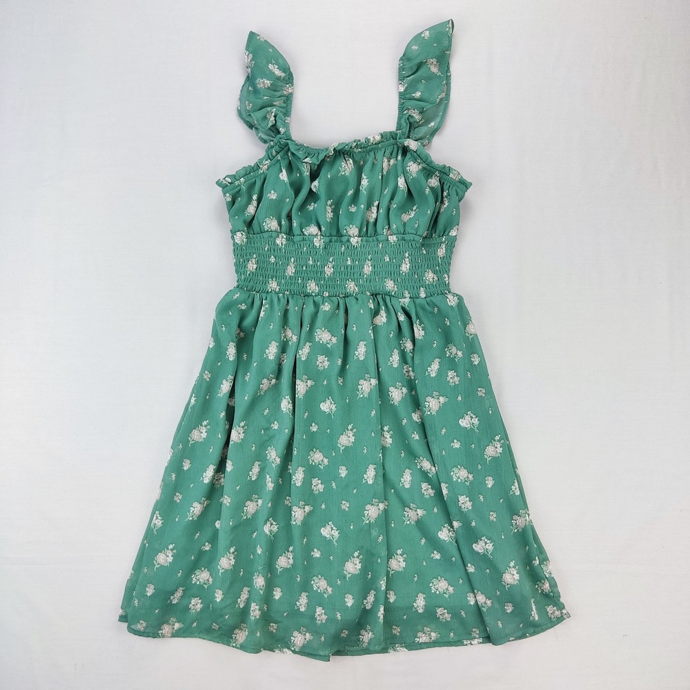 Rare Editions Dress Girls 12 Green Floral Ruffle Strap Smocked Chiffon Lined